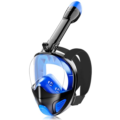 Full Face Snorkel Mask for Adults Teen, Snorkeling Gear with Detachable Camera Mount,Panoramic 180Â° View, Anti-Fog Anti-Leak Snorkling Set for Man and Women (Dark Blue-S/M)