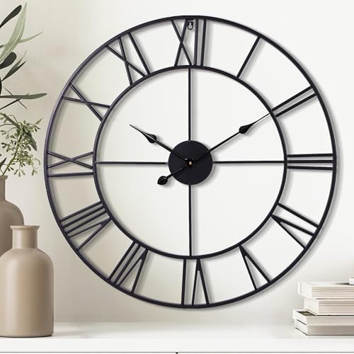 30 Inch Wall Clock Decorative, Oversized Large Black Metal Roman Numeral Silent Wall Clocks for Modern Farmhouse Living Room Decor