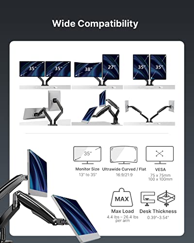 Image of HUANUO Dual Monitor Stand for 13 to 35 inch,Premium Dual Monitor Mount with USB,Height Adjustable Monitor Stand for 2 Monitors,VESA Mount with Clamp /Grommet Base,Each Arm Hold up to 26.4lbs(Black)