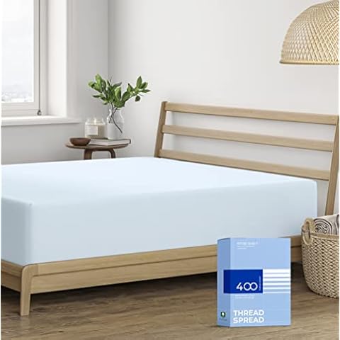 THREAD SPREAD Queen Size Fitted Sheet Only - 100% Cotton 400 Thread Count Deep Pocket Queen Fitted Sheet, Cotton Fitted Sheet Queen Size, Soft Sateen Bottom Sheet, Fits Mattress Upto 18"- Light Blue Cover