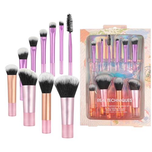 OFFCUP Juego de 10 Pinceles de Maquillaje de Viaje, Mini Brochas de Maquillaje con Bolsa de Cosméticos para Sombras de Ojos, Destacar, Contornos, Polvos y Correctores, Cerdas Sintéticas Suaves