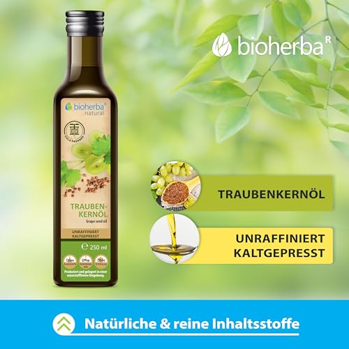Traubenkernöl 250 ml – Kaltgepresstes natürliches Öl aus Traubenkernen | Vielseitig für Küche, Haut und Haarpflege | Reines Pflanzenöl von BIOHERBA