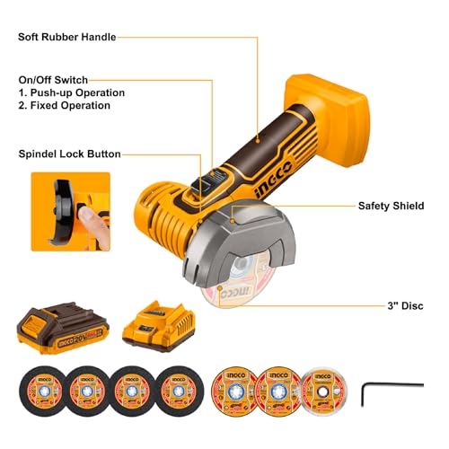 INGCO 20V Cordless Mini Angle Grinder 19500RPM, 76mm Disc Diameter, Mini Cutter Cut-Off Tool M6 with 1Pcs 2.0Ah Battery and Charger for Cutting Polishing and Sharpening CAGLI76012 - Image 3