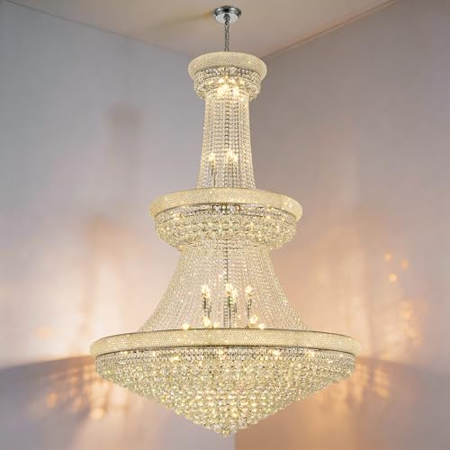Relaxcabine 48'' Large Crystal Chandelier, 3-Tier Empire Luxury Gold Crystal Chandelier with 42 LED Bulbs, Hand-Strung K9 Crystals for Foyer, Staircase, Double-Height Living Room (Chrome)