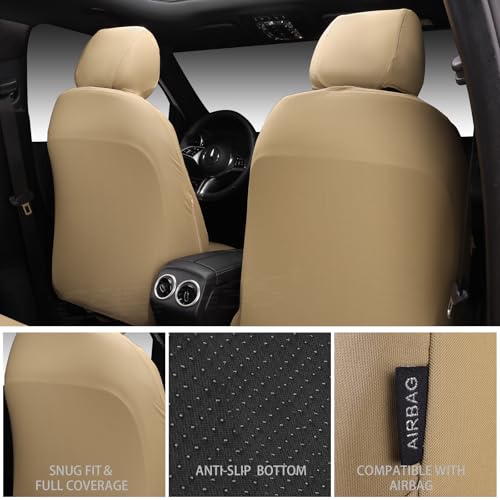 Image of CAR PASS Neoprene Waterproof Seat Covers Full Sets, Wetsuit Car Seat Covers 5 Seats Universal Fit for Vans, Truck, SUV, 3D Tyre Embossed Seat Covers Anti Slip with Armrests, Aibag Compatible All Beige
