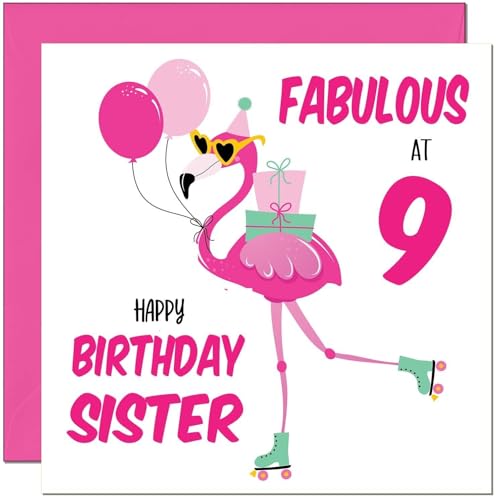9th Sister Birthday Card - Fabulous Flamingo - Pink Cute Sisters Birthday Card for 9 Year old Kids Nine, Ninth