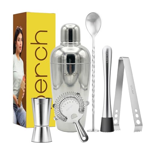 Image of O' Holic by Perch Craft 6-Piece Stainless Steel Bartender Kit|Premium Cocktail Shaker Set with Jigger 30 /60ml, Spoon,Ice Tong, & Bar Tools|Professional Bar Set for Home &Tour Parties|Silver