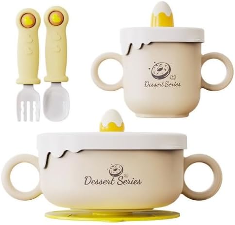 Baby Feeding Gift Set Stainless Steel Bowl & Cup with Removable Silicone Suction Exterior & Lids with Spoon & Fork Set, 4+ Months, Boy or Girl, Cream