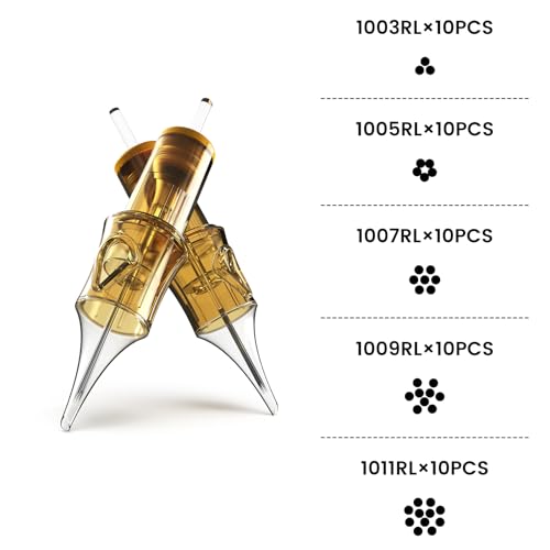 Image of 50Pcs 10RL Assorted Tattoo Needles #10 Bugpin 10Pcs each of 3RL, 5RL, 7RL, 9RL, 11RL Round Liner Mixed Size Disposable Tattoo Cartridge Needle Pro Sterilization and Safety for Tattoo Pen
