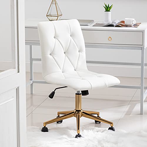 Duhome Modern Home Office Chair，Cute White Desk Chair With Gold Base, Pu Leather Task Chair Computer Chair Rolling Chair With Wheels, Armless Vanity Chair For Teens #TOP1