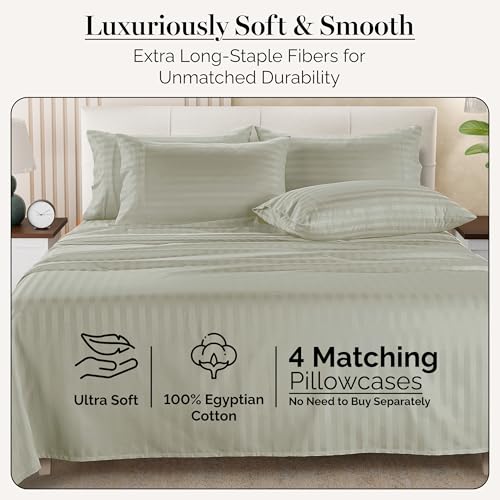 Casa Platino 100% Egyptian Cotton Sheets California King Size Set - 6 Pieces - Damask Stripe- Ultra Smooth Sateen Weave Bed Sheets Set with 15" Deep Pocket - Silver