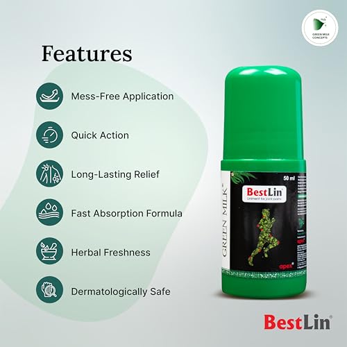 Image of Green Milk BestLin Ayurvedic Pain Relief Roll-On Liniment for Joint & Muscle Care, 50 ml (Pack of 2)
