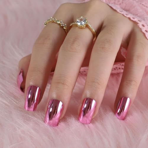 SXVME Chrome Medium Short Square Press On Nails - Metallic Baby Pink With Mirror Acrylic Finish, Glitter Shine for Daily & Party Wear - Image 2