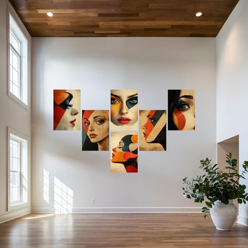 Image of SiddArtify Modern Abstract Woman Wall Art Prints Set - Geometric Face Poster Decor for Living Room Bedroom Office - 12x18 inch Sticker Pack of 6