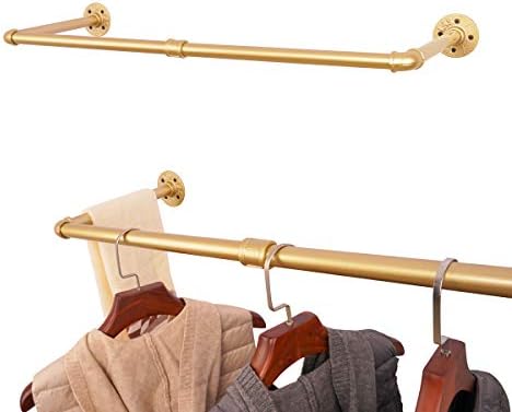 AddGrace Industrial Iron Pipe Clothing Garment Rack Wall Mounted Closet Rod Retail Display Rack Closet Storage Clothes Organizer Gold