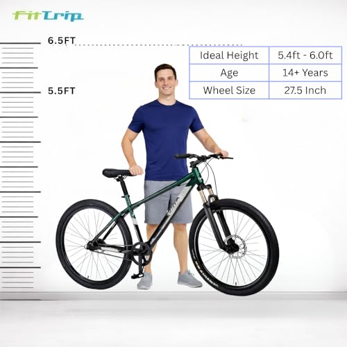 Image of FitTrip Dominator 27.5T MTB Cycle for Men Without Gear with Zoom Lockout Suspension & Clarks Dual Disk Brakes | Dual Tone Paintjob | Cycle Single Speed | Zero Maintenance (British Racing Green)