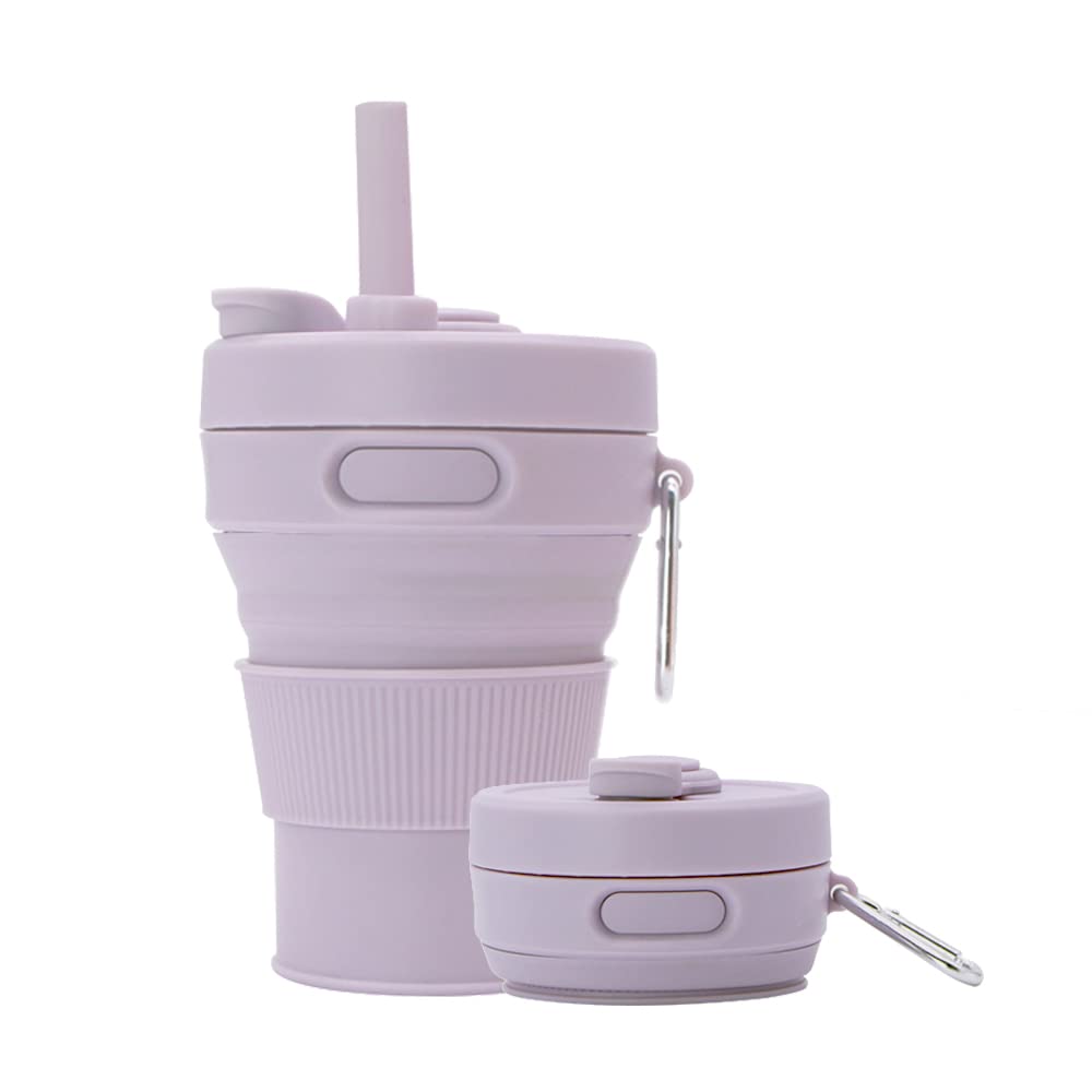 UNNESTAR Silicone Coffee Mug Collapsible Cups for Camping Folding Travel with Straw Reusable Portable Drinking Cups Outdoor Hiking 450ml (Purple-450ml, 1)
