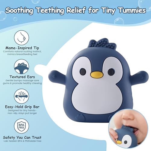 Image of Baby Teething Toys for 3-6 Months Silicone Teething Mittens for Babies Food Grade Silicone Teether (Penguin Baby Blue)