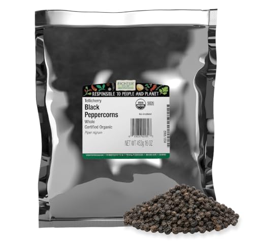 Frontier Co-op Black Peppercorns Whole, 1lb Bulk Bag - Tellicherry Black Pepper - Organic Peppercorns for Grinder Refill, Cooking, Pickling, and More | 16 Ounce (Pack of 1)