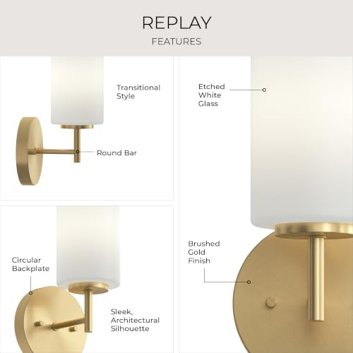 Image of Progress Lighting Replay 5.125 Inch 1-Light Vanity Light, Transitional, Brushed Gold with Etched Glass Shades, (9.75 inch H x 5.125 inch W x 5.875 inch D), P2131-191