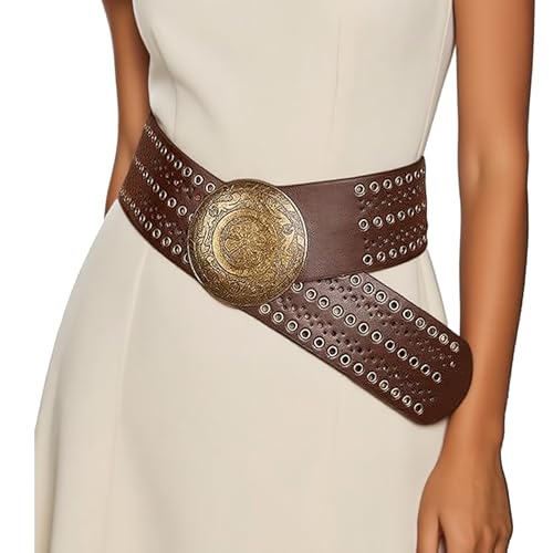 IZUS Retro-Punk Western-Belt for Women PU-Leather Eyelets-Waist-Strap Women's Vintage Belt with Wide-Disc-Buckle2