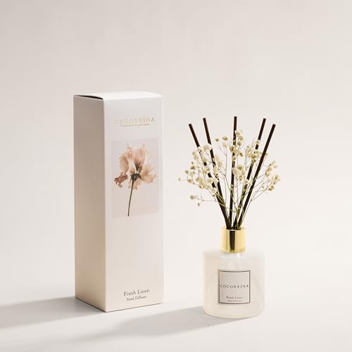 Image of COCORRINA Reed Diffuser - Fresh Linen 6.7 fl oz Reed Diffuser with Sticks, Home Bedrrom Bathroom Shelf Decor