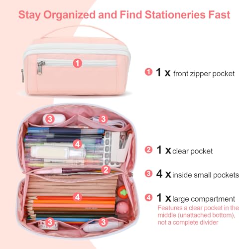 Image of Large Capacity Pencil Case - Pencil Pouch for Teen Girls, Aesthetic Pouch Organizer with 8 Compartments, Wide Opening Marker Bag for Middle High School College, Fits Calculator, Pink