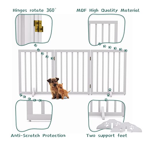 Dog Gates for The House Freestanding Foldable Pet Gates for Doorways 3 Panels 24\'\' Tall with 2PCS Support Feet Wooden White Dog Gate for Stairs Dog Gate - Thumbnail 4