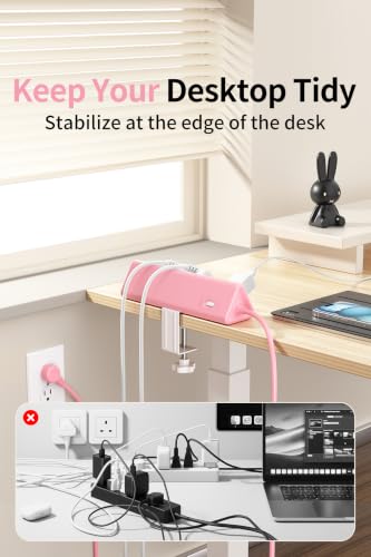 Image of 6.5 FT Desk Clamp Power Strip with 5 AC Outlets & 6 USB Ports PD 40W USB-C Fast Charging, Extension Cord with Multiple Outlets, Fits 2.1 in top Edge Pink