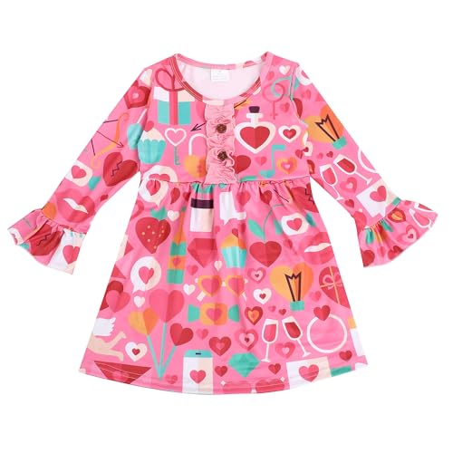 Toddler Girls Dress Love Hearts Pink Print Dresses Short Sleeve Clothes 3-8Y