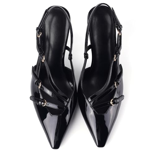 Image of CORNMOOD Stiletto Slingback Heels Pumps for Women | Glossy Patent Leather Kitten heel, Chic Dress Shoes for Modern Women, Ideal Wedding Evening Party and Work Office Outfit