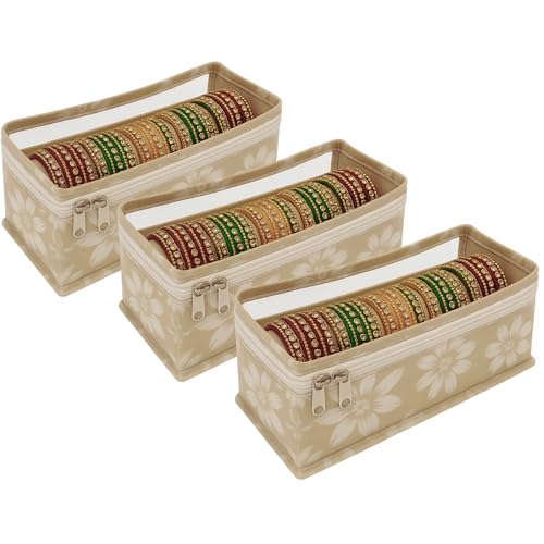 Image of PVC Single-Rod Floral Bangle Organizer Box for Women | Jewellery Bangle Storage Case for Chudi, Kada & Accessories, Bangle Holder Pouch | Beige | Pack of 3