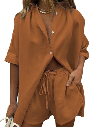 Image of Fixmatti Women 2 Piece Outfits Long Sleeve Button Down Blouse and Shorts Sweatsuit Sets