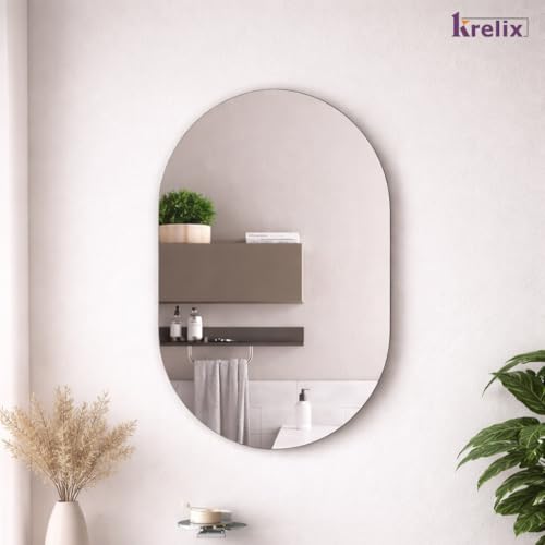 Image of Capsule-Shaped Frameless Wall Mirror (12x18 Inch) | Modern Decorative Bathroom & Bedroom Mirror | Wall-Mounted Vanity Mirror for Entryway & Living Room