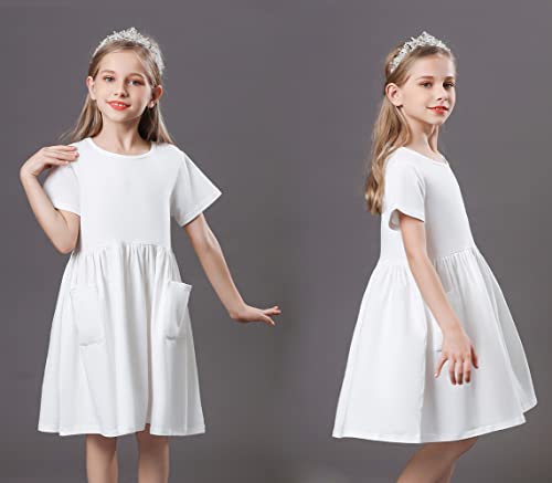 Girls Dresses Short Sleeve Solid Color Casual A-Line Pleated Dress with Pockets3