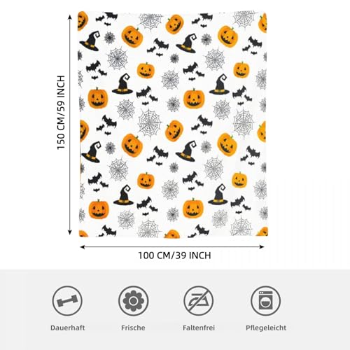 FestiKiva Fleece-Überwurfdecke mit Halloween-Kürbis-Spinnennetz und Fledermausmotiv – ideal für Kinderzimmer, Wohnzimmer, Couch, Sofa und als Heimdekoration (Weiß)