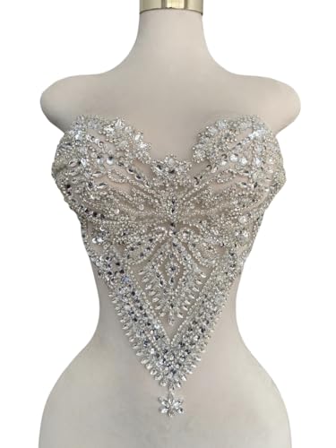 Akiko.CC Handmade Rhinestones Bodice lace Applique Hand Sewing Beaded Sequins Trim Patches for Dress Clothes Skirts Accessories 15.3X15.7inches (Silver)