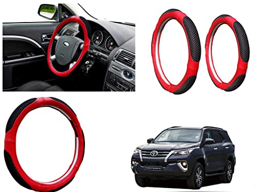 Image of Microfiber Car Steering Wheel Cover, Soft Padding Great Hand Feel, Anti-Slip, Faux Leather Steering Cover for Toyota Fotuner 2017 | Black Red Jali - Pack of 1