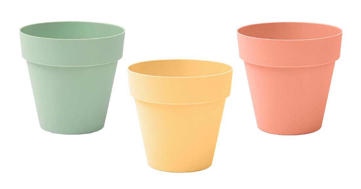 Muddy Hands Pink, Green, Yellow Set Of 3 Pastel Plant Pots – Yellow, Pink & Green Flower Pots – Indoor Outdoor Plastic Planters – Modern Decorative Herb, Succulent & House Plant Pots – Lightweight Durable Garden Pots (16Cm)