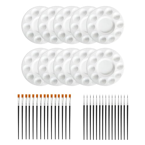 Kaiyzo Pack Paletas de Pintura, Paletas de 10 Huecos para Acuarela Acrílico y Óleo, Vasos de Mezcla de Plástico Reutilizables con 30 Pinceles Nylon, Blanco