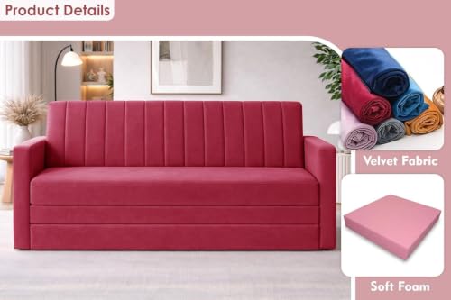 Image of Rosebell Foldable Sofa-Cum-Bed | 3-in-One Convertible Couch with Armrest | Modern Fabric Sofa for Living Room, Bedroom & Office-Red-Color