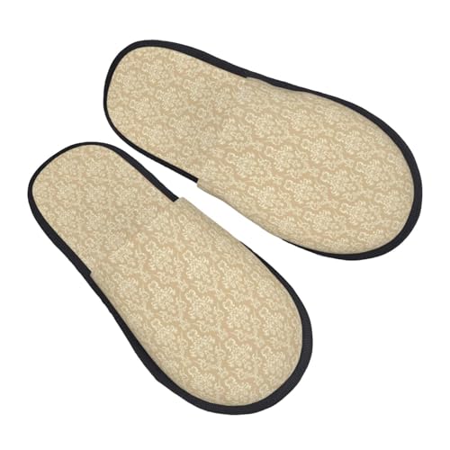 Damask Beige Tan Brown Print Women'S Fuzzy Slip On Indoor Outdoor Winter House Slippers2