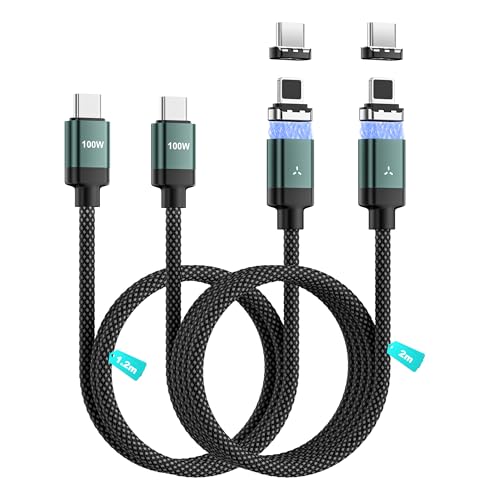Magnetic USB C Charging Cable 2-Pack 1.2M+2M - 100W PD Fast Charge Nylon Braided 2-in-1 Magnetic Phone Cable with 4 Tips for iPhone 13-16 Samsung Galaxy iPad MacBook & More (Green)