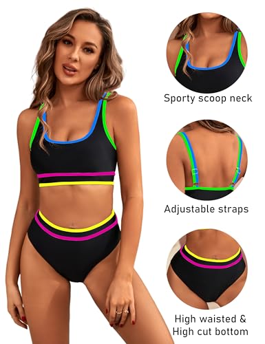 Image of BMJL Women's High Waisted Bikini Sets Sporty Two Piece Swimsuits Color Block Tummy Control Modest Bathing Suit