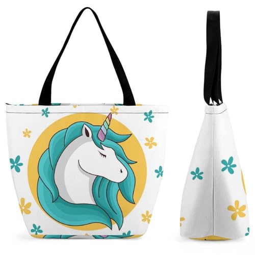 Sac à main licorne fleur pour femme : grand cabas bandoulière shopping et voyage 32cm