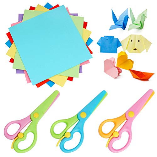 SUMAJU 3 Pcs Plastic Safety Scissors, Toddlers Training Scissors Pre-School Training Scissors Assorted Color Safety Scissors with 100 Pcs Kids Paper-Cut for DIY Arts and Crafts Projects