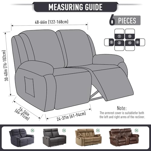 Image of TAOCOCO Recliner Loveseat Slipcover, 6 Pieces Dual Recliner Sofa Covers for 2 Seat Dual Reclining Loveseat Couch, Stretch Soft Jacquard Pattern Furniture Protector with Elasticity (Charcoal Grey)