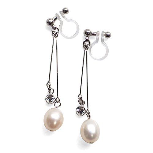 Womenâ€™s Miyabi Grace Silver tone Bridal Dangle Invisible Clip On White Freshwater Pearl Earrings