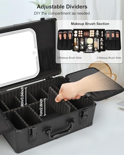 Image of Relavel Makeup Case, Makeup Bag with LED Mirror Makeup Organizer Large Cosmetic Bags Travel Train Case for Women, Portable Vanity Makeup Box with Rechargeable Light up Mirror and Adjustable Dividers