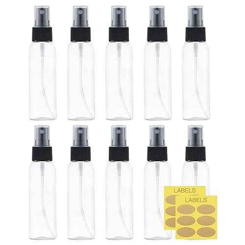 LISAPACK 2oz Small Spray Bottle (10 Pack) Plastic Mini Fine Mist Atomizer Tiny Sprayer for Travel Perfume Cologne Alcohol (Clear 60ml)